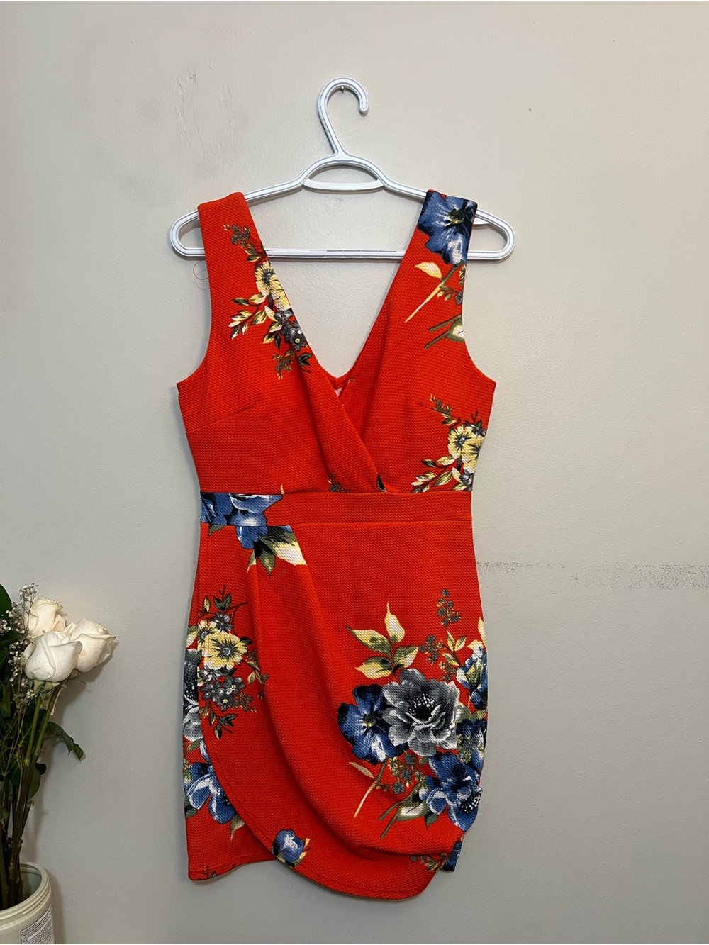 Floral V-Neck Red Sleeveless Dress